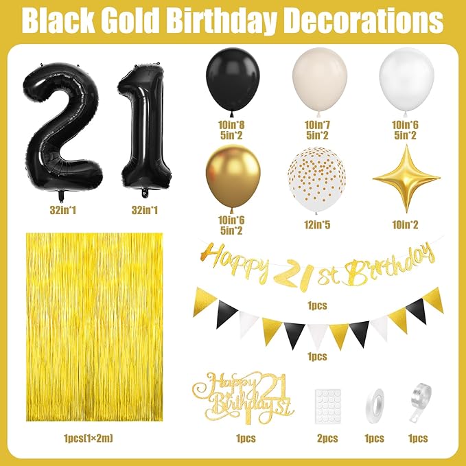 21st Birthday Decorations Beige Black Gold, 21st Birthday Balloons, Glitter 21st Birthday Banner with Fringe Curtain Cake Toppers Number 21 Star Foil Balloon for Boys 21 Year Old Party Decorations
