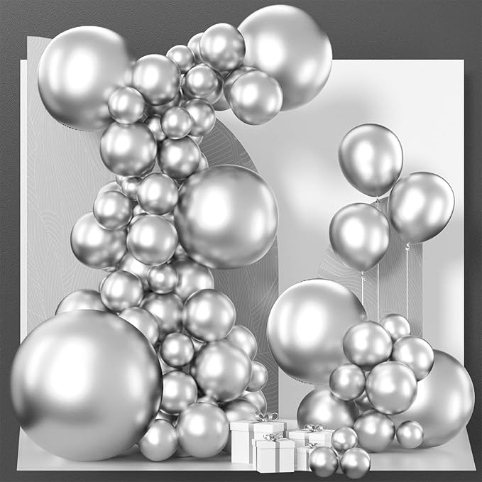PartyWoo Metallic Silver Balloons, 127 pcs Silver Balloons Different Sizes Pack of 36 18 12 10 5 Inch Silver Balloons Arch Kit Balloon Garlandfor Birthday, Graduation, Party Decorations, Silver-G102