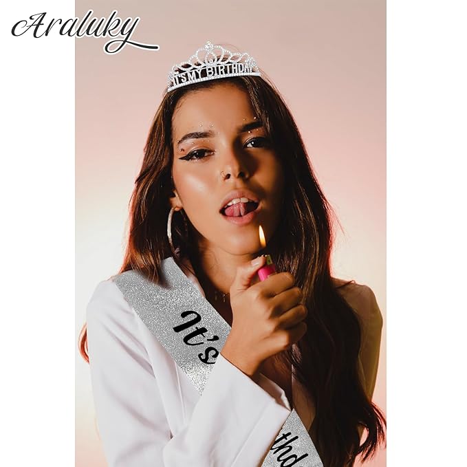 Silver-Black Crown and Sash for Women, Birthday Tiara Headband, Happy Birthday Hat, Party Favors Gift