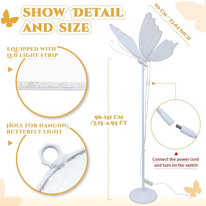 White Sliver Sequin Butterfly Floor Lamp: Adjustable Height Lamp Led Butterfly Lights Decorations for Wedding Party Birthday(60cm/23.6inch)