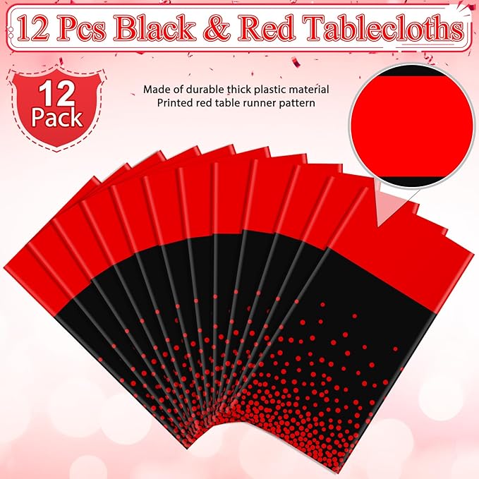 MASHAN 12Pcs Black and Red Tablecloth Party Decorations,Plastic Black Table Cloth Printed Red Table Runner Disposable Rectangle Cover for Birthday Weeding Anniversary Graduation Party,54 x108 Inch