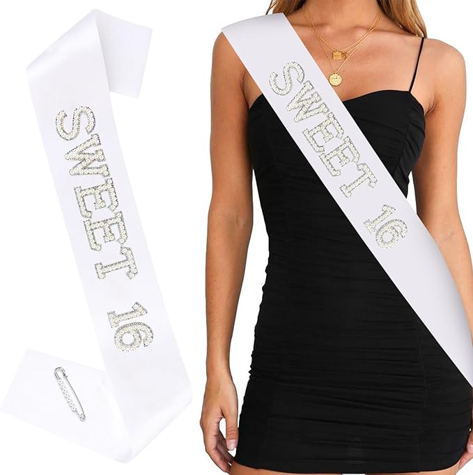 White Sweet 16 Birthday Sash with Pearls and Rhinestones Happy Birthday Decorations for Women Girls Party Favors