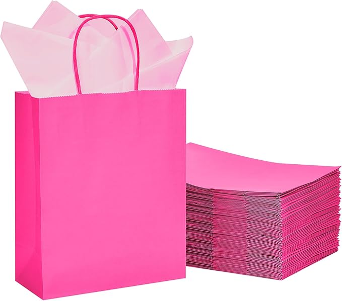 DjinnGlory 50 Pack Medium Size Hot Pink Paper Gift Bags with Handles 10x8x4 Inch and 50 Pink Tissue Paper for Mother's Day Business Birthday Wedding Bridal Baby Shower Party Favors Goodies