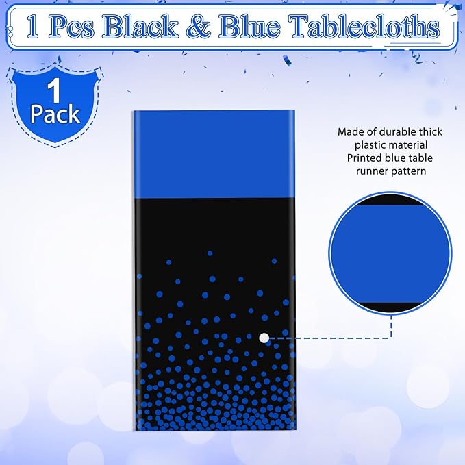 MASHAN 1Pcs Black and Blue Tablecloth Party Decorations,Plastic Black Table Cloth Printed Blue Table Runner Disposable Rectangle Cover for Birthday Wedding Anniversary Graduation Party,54 x108 Inch