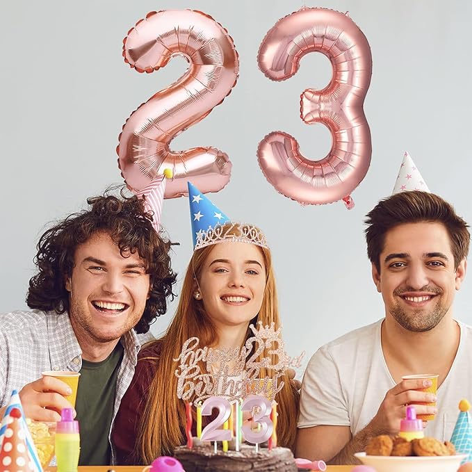 23rd Birthday Decorations for Her Girls Women, Including 23 year old Birthday Cake Topper, Queen Sash with Pearl Pin, Sweet Rhinestone Tiara Crown, Number Candles and Balloons Set, Rose Gold
