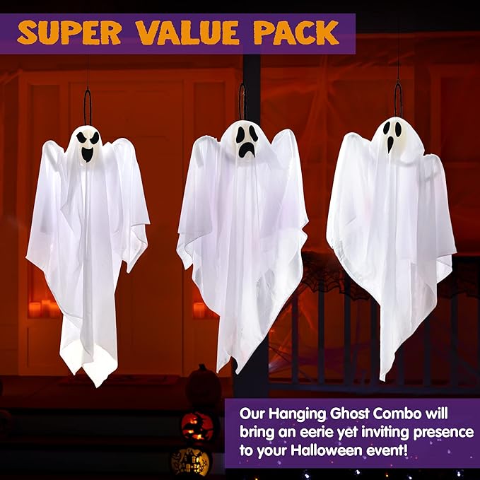 JOYIN 1 PC 27.5" Halloween Hanging Ghosts Decorations Outdoor, Halloween Flying White Ghosts Decor for Tree Front Yard Patio Lawn Garden, Haunted House Prop, Party Décor Outside
