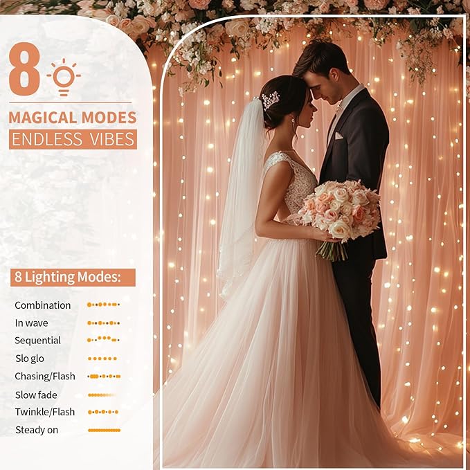 Pink Tulle Backdrop Curtain with Lights String - 10x10ft Sheer Backdrop with 300 LEDs for Wedding, Baby Shower, Bridal Shower, Birthday Party Photo Shoot Background and Home Decorations