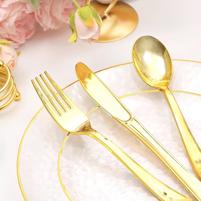 150 Pcs Plastic Dinnerware Set Disposable for 25 Guests - Clear Plates with Gold Trim, Fancy Plastic Plates for Party Wedding Birthday Halloween