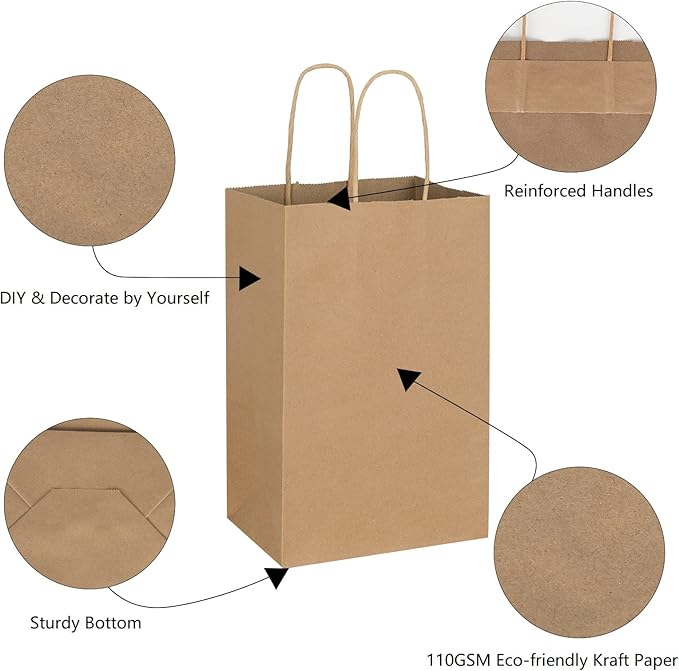 Toovip 100 Pack 5.25x3.25x8.25 Inch Small Plain Brown Kraft Paper Bags with Handles Bulk, Gift Bags for Favor Grocery Retail Party Birthday Shopping Business Goody Craft Merchandise Take Out Sacks