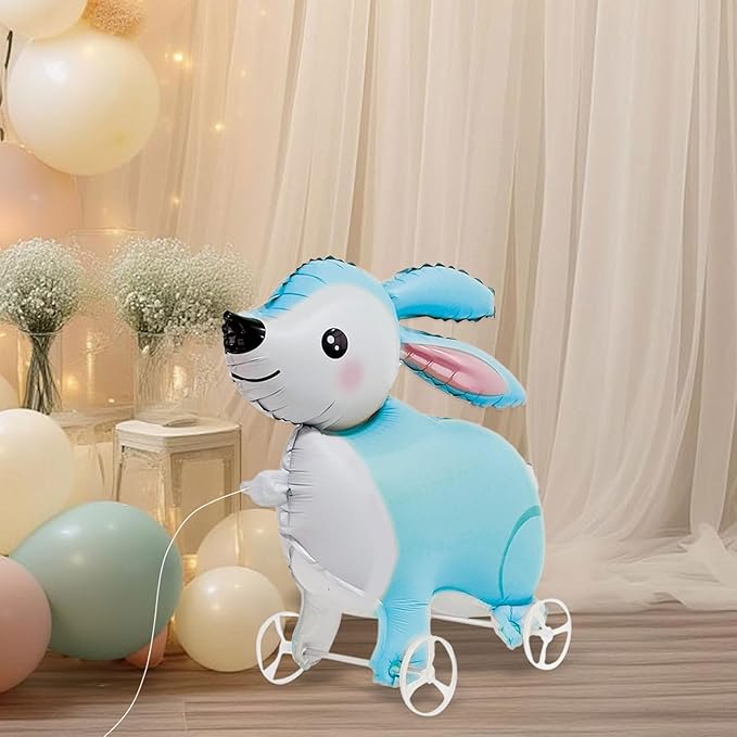 Walking Bunny Foil Balloons With Wheels Standing pet Bunny animal balloon Cute Rabbit Mylar Balloons for Jungle Safari baby Shower Animal Theme Birthday Party Decorations Supplies (Bunny)