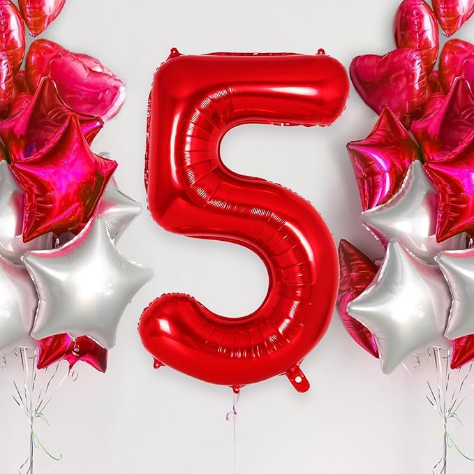 Red Number 5 Balloon 40 Inch, Big Large Foil Helium Number Balloons, Jumbo Giant Mylar Number 5 Balloons for 5 Year Old Birthday Red Party Decorations Supplies Anniversary