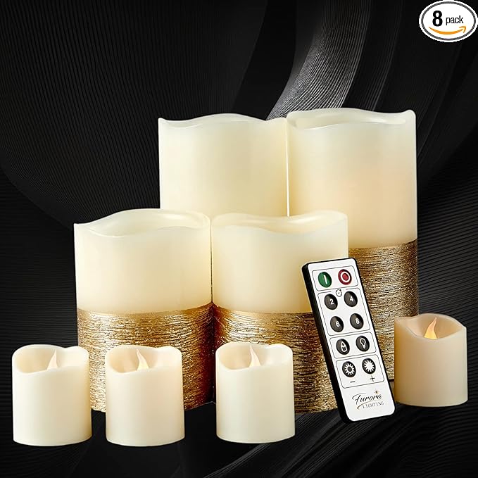 FURORA LIGHTING Gold Real Wax Trim Candles with Remote and Timer, Pack of 8 Pillar & Votive Candles, LED Flameless Flickering Candle for Home Décor, Battery Included