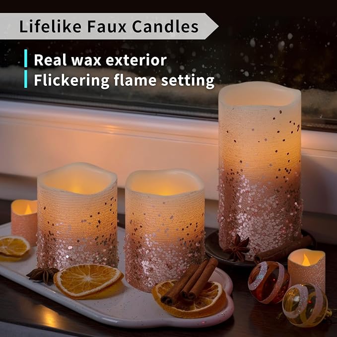 FURORA LIGHTING Pink Glitter LED Candles with Remote and Timer, 4 Pillars and 4 Votives Pack of 8, Real Wax Flameless Flickering Candles for Home Décor, Battery Included