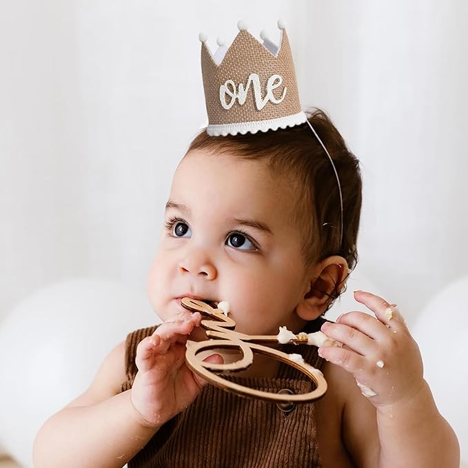 KOJIN 1 St Linen Birthday Hat For Boy - 1st Natural Decor Birthday Hat, Retro Style White Cake Smash Photo Prop