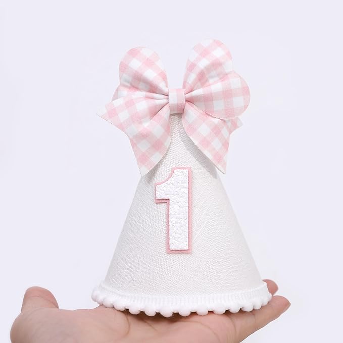 Pink Bow 1st Birthday Hat for Girls - Pink and White Theme First Brithday Decorations, Sweet One Theme Party Hat, Baby Girl Bday Decor (1st birthday hat)