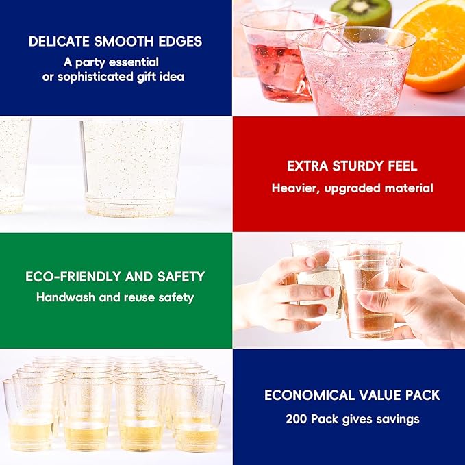 JOLLY CHEF 100 Pack 9 oz Gold Plastic Cups, Disposable Gold Glitter Plastic Cups Perfect for Wedding Thanksgiving, Christmas Party Cups