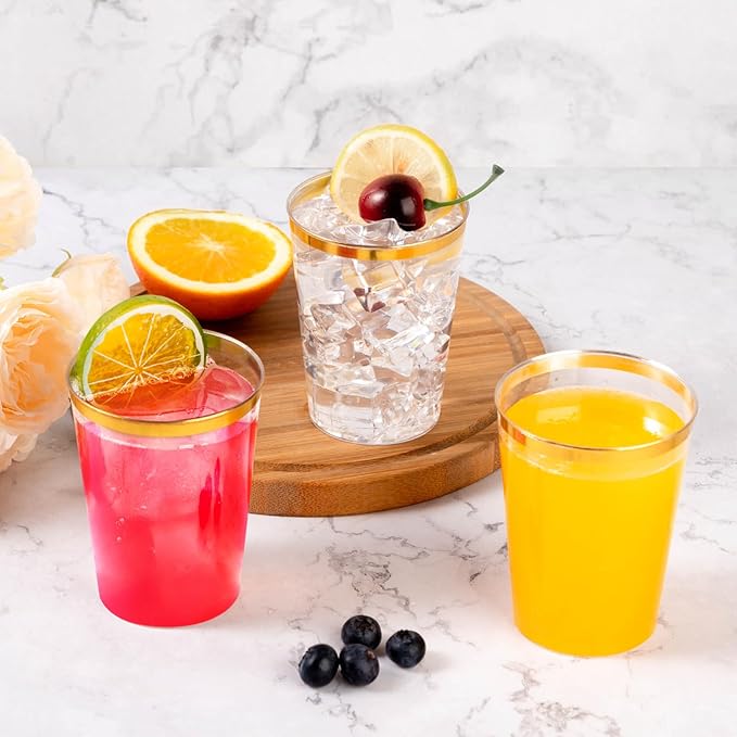 Goodluck 100PCS 10oz Gold Plastic Cups for Party, Disposable Gold Rim Cups, Plastic Cocktail Glasses for Wedding Thanksgiving, Christmas, and Parties