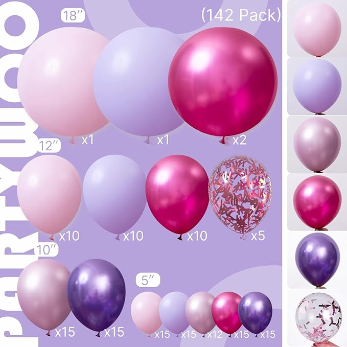 PartyWoo Pink and Purple Balloon Arch Kit Garland 142pcs Different Sizes of 18 12 10 5 Inch Metallic Baby Pink Hot Pink Chrome Light Purple Gold Confetti Balloons for Birthday Party Decorations