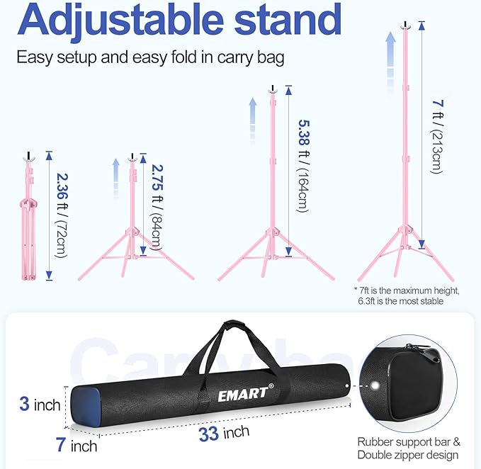 EMART Backdrop Stand 10x7ft(WxH) Photo Studio Adjustable Background Stand Support kit with 2 Crossbars, 8 Clamps, 2 Sandbags and Carry Bag for Parties, Events Decoration, Wedding, Photography -Pink