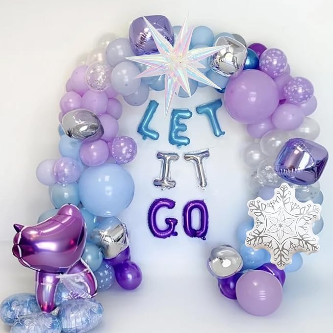 Winter Snowflake Balloons Arch Garland Kit, 115Pcs Winter Wonderland Balloon, Blue Purple Silver Clear Snowflake Foil Balloon for Christmas Xmas Ice Snow Princess Theme Baby Shower Birthday Decoration