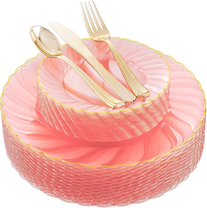 YOUBET 125Pieces Clear Pink Plastic Plates with Gold Rim - Gold Plastic Silverware Include 25 Dinner Plates 25 Dessert Plates 75 Golden Silverwares for Wedding Birthday & Parties