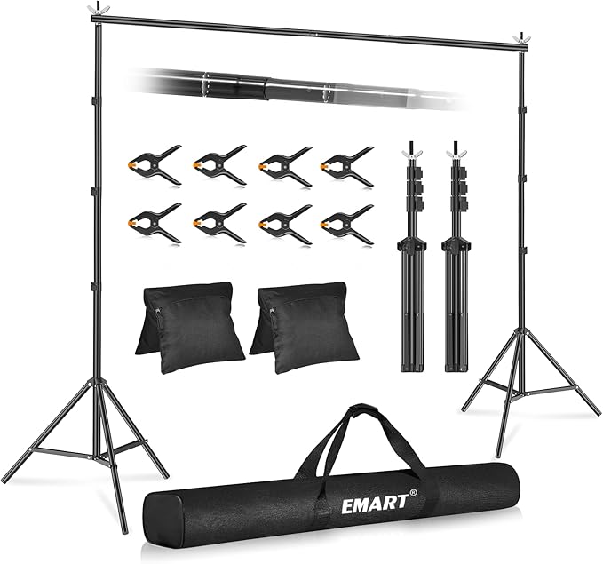 EMART Backdrop Stand 10x10ft(WxH) Photo Studio Adjustable Background Stand Support kit with 2 Crossbars, 8 Clamps, 2 Sandbags and Carry Bag for Parties, Events Decoration, Wedding, Photography