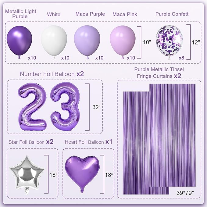 23rd Purple Birthday Decorations for Women, Purple Pink 23rd Birthday Decorations Butterfly Theme Lavender Party Decor Set with Number Balloons, Banner, Sash, Butterfly Stickers