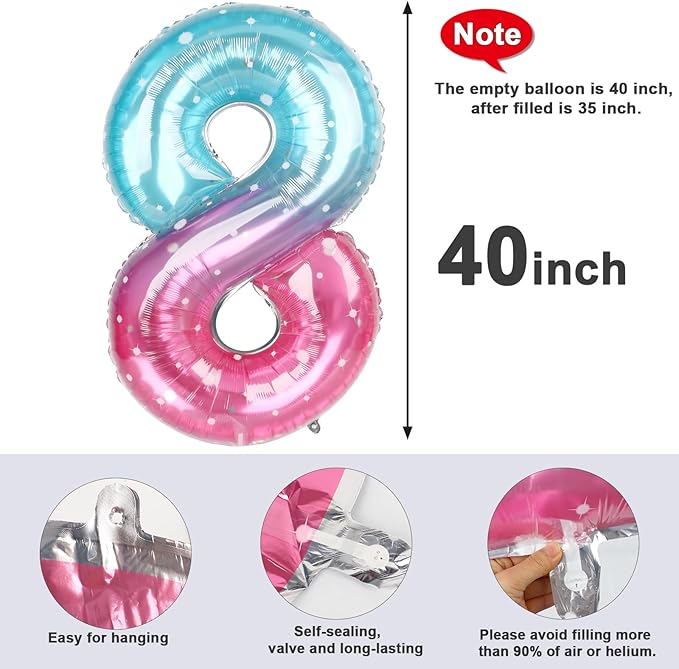 40 Inch Number 8 Balloon, Pink Purple Blue 8 18 28 80 Birthday Balloons for Men Boys, 8th Birthday Decorations Party Supplies, Wedding, Graduations