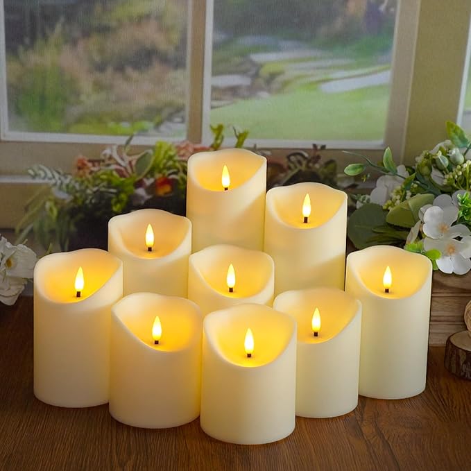 Flameless Candles with Remote Timer, Battery Operated Realistic Flickering LED Candles, 9 Packs Fake Candles for Home Decor (D3 x H 3" 4" 5" 6" 7") (Ivory)