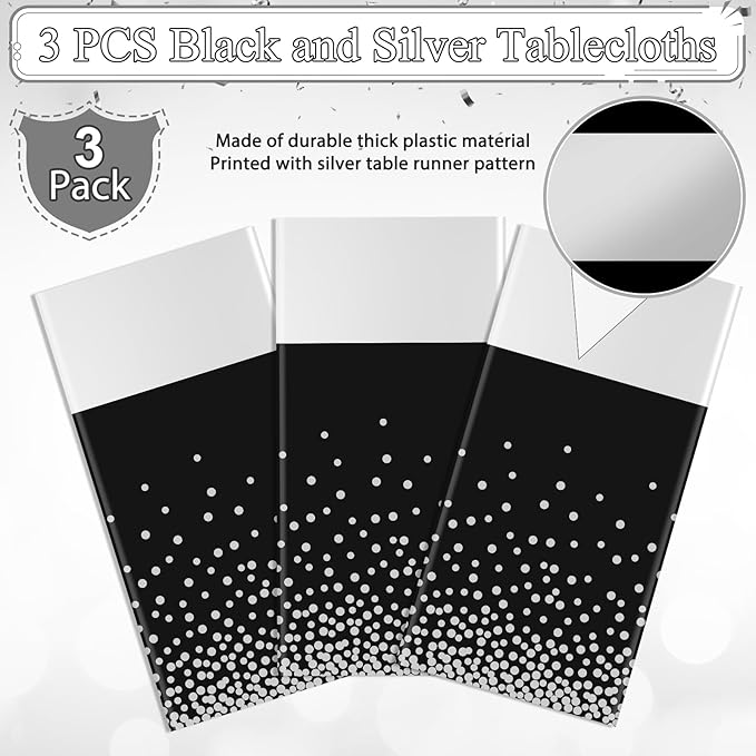 3Pcs Black and Silver Tablecloth Party Decorations,Plastic Black Table Cloth Printed Silver Table Runner Disposable Rectangle Table Cover for Birthday Anniversary Wedding Graduation Party,54 x108 Inch