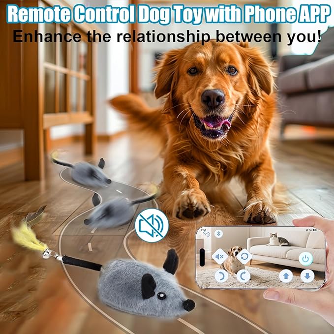 Interactive Dog Toys with Phone App, 2 Modes Remote Control Dog Toy, Dog Mouse Toy with Realistic Sound & Replacement Tails, Automatic Dog Toy for Small Medium Large Dogs, Squeaky Dog Toys Gray