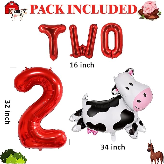 14 PCS Farm Animal Balloons Cow Sheep Duck Rooster Pig Donkey Balloons Barnyard Balloon Supplies with Large Number 2 Foil Balloon for Farm Animal Theme 2nd Birthday Party Decor Supplies