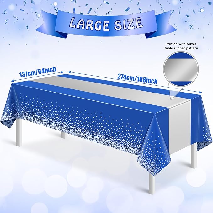 12Pcs Blue Silver Tablecloth Party Decorations,Plastic Royal Blue Table Cloth Printed Silver Table Runner Disposable Rectangle Tables Cover for Anniversary Wedding Graduation 2024 Party,54 x108 Inch