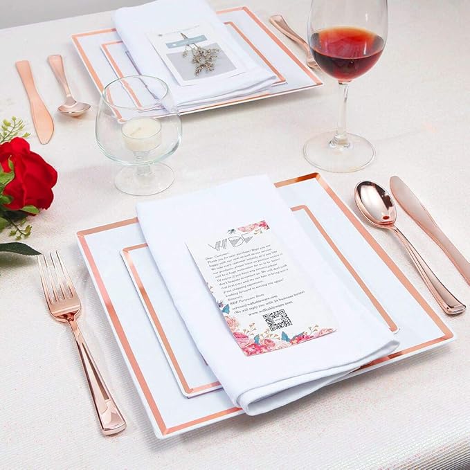 WDF 125pcs Rose Gold Plates with Disposable Silverware - Plastic Plates Dinnerware Include 25Dinner Plates,25 Salad Plates,25 Forks,25 Knives,25 Spoons for Wedding, Party