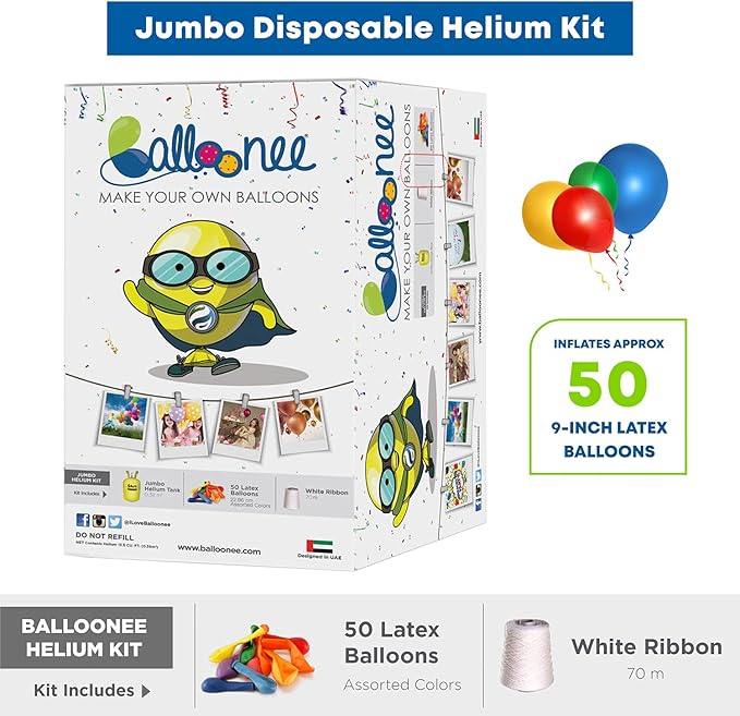Jumbo Disposable Helium Party Kit, Helium Tank for Balloons At Home, 13.5 Cu Ft Helium Balloon Pump Kit with 50 Assorted Latex Balloons, Helium Tank, Portable for Celebrations