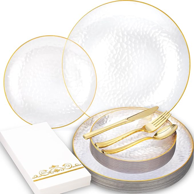 150 Pcs Plastic Dinnerware Set Disposable for 25 Guests - Clear Plates with Gold Trim, Fancy Plastic Plates for Party Wedding Birthday Halloween