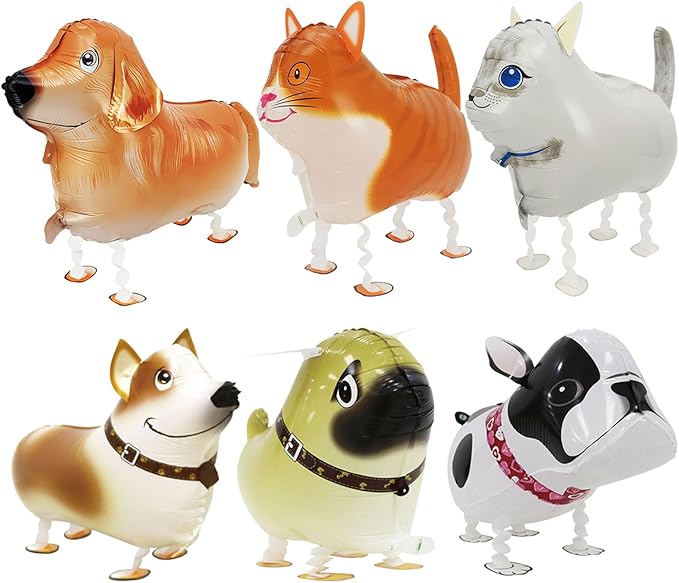 6 Pcs Walking Animal Balloons Dog Cat Party Decorations 4 Pcs Dog Mylar Foil Balloons and 2 Pcs Cat Balloons Walking Balloons for Puppy Birthday Party Supplies Cat Theme Party Supplies