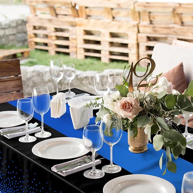 MASHAN 1Pcs Black and Blue Tablecloth Party Decorations,Plastic Black Table Cloth Printed Blue Table Runner Disposable Rectangle Cover for Birthday Wedding Anniversary Graduation Party,54 x108 Inch