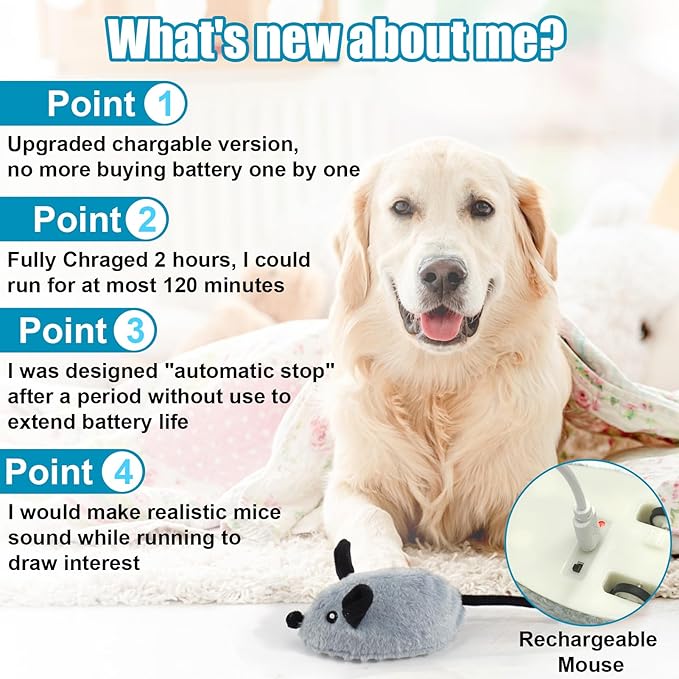 Mity rain Interactive Dog Toys,Fake Remote Control Dog Toy with Automatic Sensor, Dog Mouse Toy with Realistic Sound & Extended Tail, Automatic Dog Toy for Cats Dogs Pet, Squeaky Dog Toys Gray