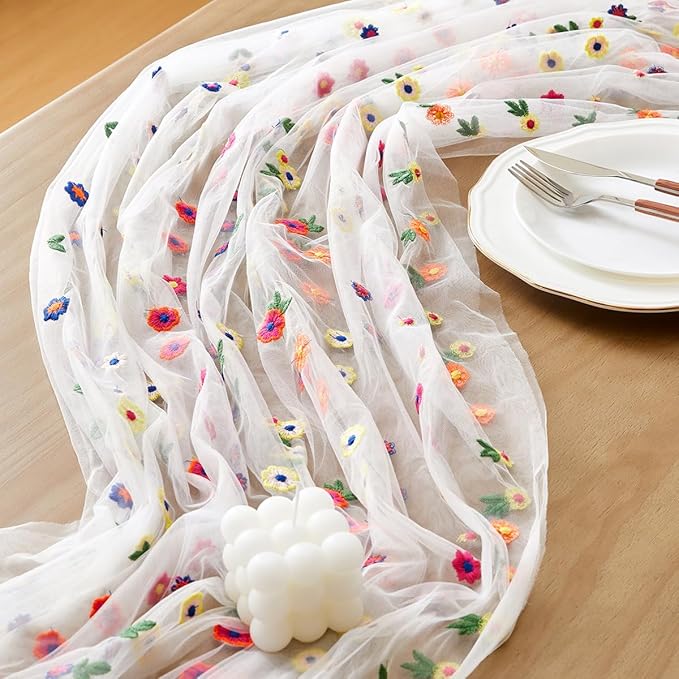 Wracra Embroidery Cheesecloth Table Runner Daisy Summer Fall Table Runner 120 inch 10ft Florals Gauze Table Runners for Wedding Party Baby Shower Birthday Home Decor Holiday Decorations, White