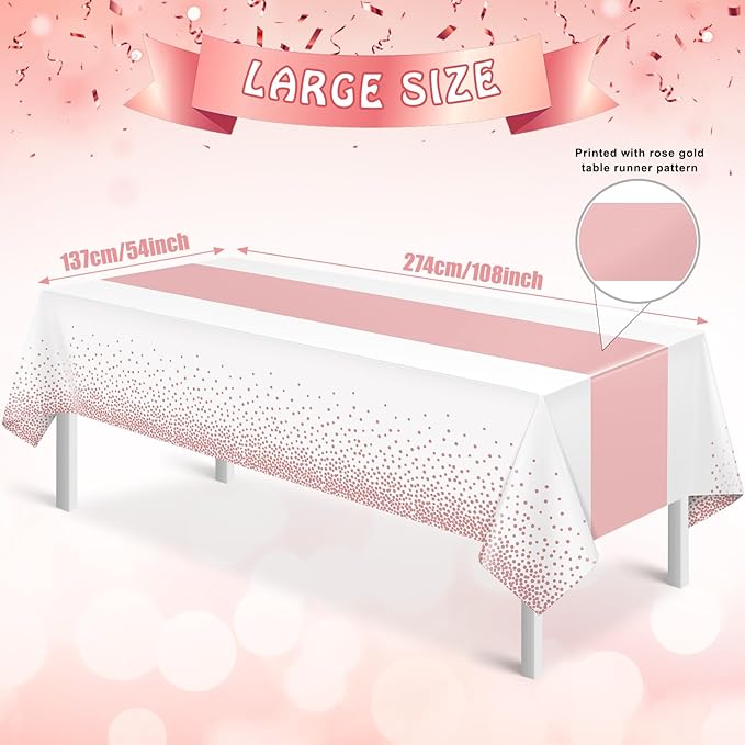 1Pcs White and Rose Gold Tablecloth Party Decorations,Plastic White Table Cloth Printed Rose Gold Table Runner Disposable Rectangle Cover for Birthday Anniversary Wedding Grad Party,54 x108 Inch