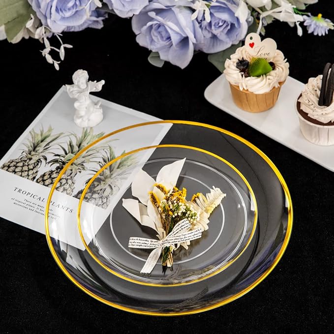 LIYH 60 Pcs Clear and Gold Plastic Plates Heavy Duty Clear Disposable Plates for Party Gold Plastic Plate for Wedding Birthday Include 30 Dinner 30 Dessert Plate