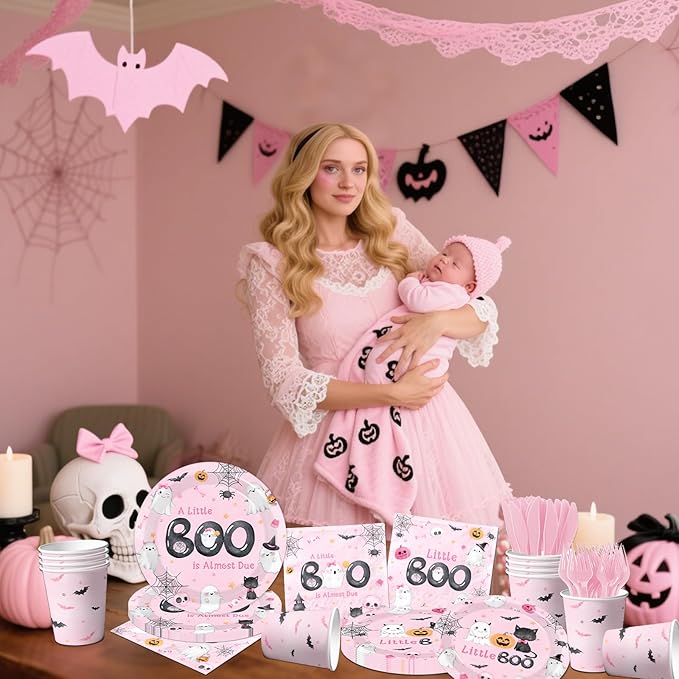 A Little Boo Is Almost Due Baby Shower Girl Decorations,144pcs Pink Halloween Baby Shower Plates and Napkins Cups for Boo baby Shower Decorations,Serves 24