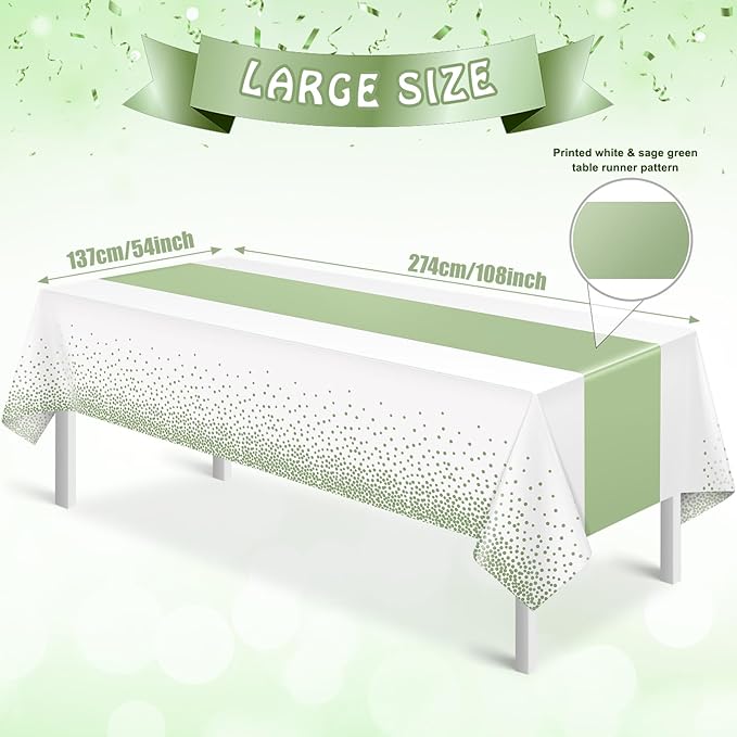 1Pcs White and Sage Green Tablecloth Decorations,Plastic White Table Cloth Printed Green Table Runner Disposable Rectangle Tables Cover for Birthday Wedding Anniversary Graduation Party,54 x108 Inch