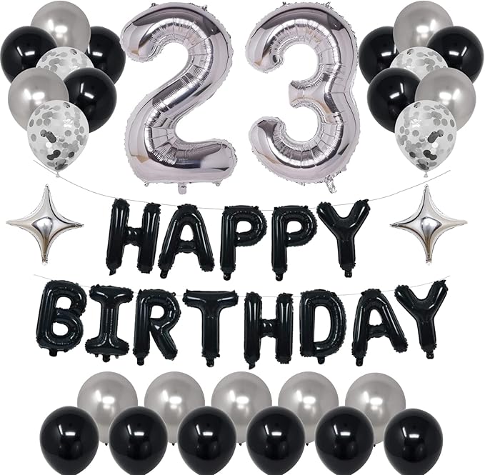 23rd Black Silver Birthday Party Decorations for Men Women, Party Supplies With Banner, Foil Stars, Balloons for 23 Celebration