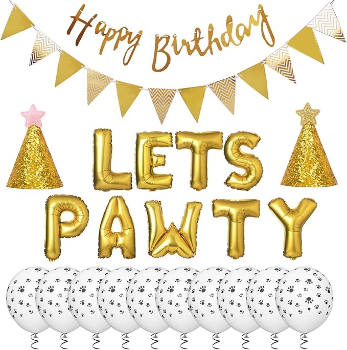 Legendog Golden Dog Paw Print Balloons Cat Birthday Hat Happy Birthday Banner Foil Balloons Lets Pawty Letters Decorations (Includes Filling Pump)