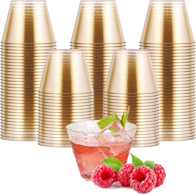 JOLLY CHEF 5 oz 100 Pack Small Glitter Disposable Cups, Glitter Plastic Cups, Disposable Plastic Shot Glasses Perfect for Parties Halloween Thanksgiving Christmas