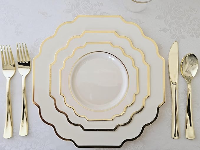 OCCASIONS 360 Pcs set (60 guest) Wedding Disposable Plastic Plate and Silverware Combo 10.5" + 8" + Silverware (Double Fork) (Imperial in Ivory & Gold Rim, Gold Silverware)