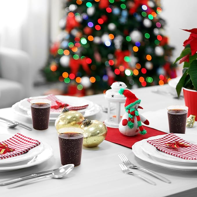 JOLLY CHEF 100 Pack 10 oz Gold Plastic Cups, Disposable Gold Glitter Cups, Clear Plastic Tumblers Perfect for Weddings, Receptions & Parties