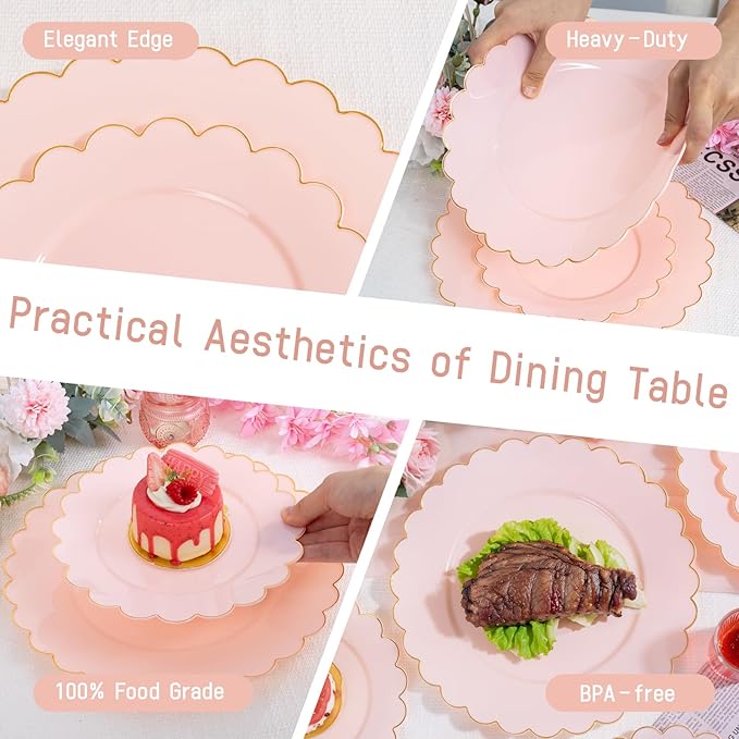 LIYH 120pcs Pink Plates Disposable Heavy Duty Disposable Plates for Party Plate Includes: 60 Dinner 10.25" & 60 Dessert Plate 7.5" Elegant Gold Rim Suitable for Bridal Shower Birthday Pink Party Decor